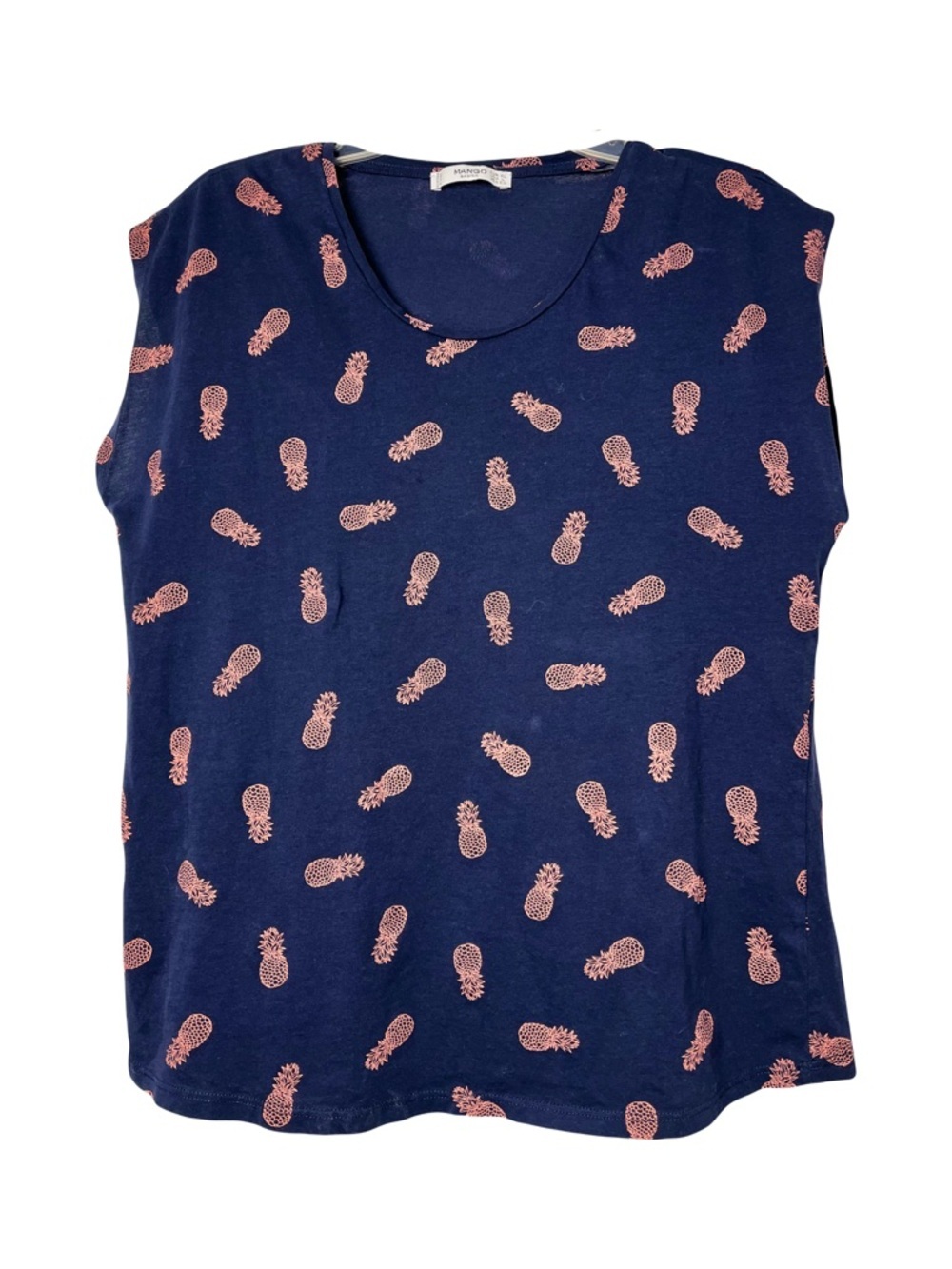 Mango | Navy Pineapple Print Cap Sleeve Round Neck Tee, Large